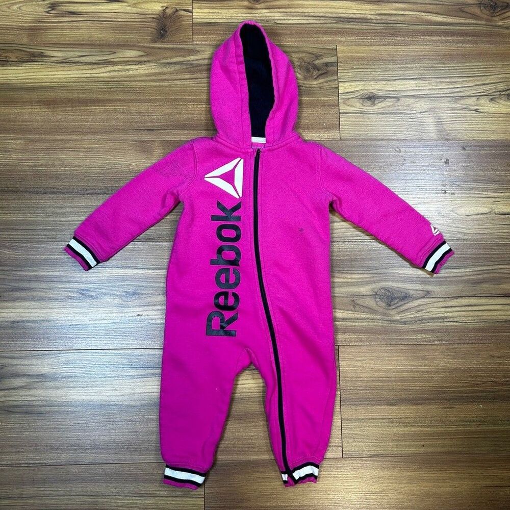 Reebok Baby Girls Hooded Romper One-Piece Fleece Jumpsuit Pink 18 Months